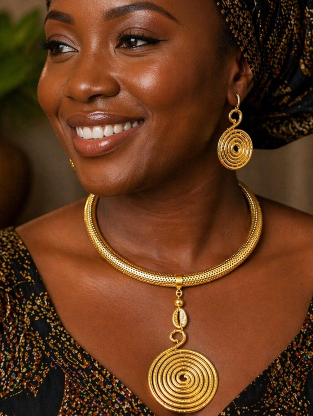 Gold Spiral Collar Necklace with Matching Drop Earrings - Women's Jewelry